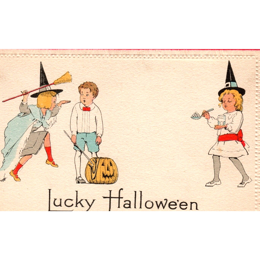 Halloween Postcard Children Girls Witch Hat JOL Pumpkin Broom Nash 8A Unposted